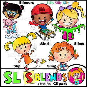 May include: Colourful cartoon illustrations of children with different words starting with the letter combination "SL" such as "Slippers", "Sled", "Slime", "Slip", and "Sling". The text "SL BLENDS" is also included in the image.