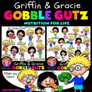 Griffin et Gracie GOBBLEGUTZ ! - Ensemble économique de cliparts sur l'alimentation et la nutrition. Petites illustrations commerciales et éducatives.