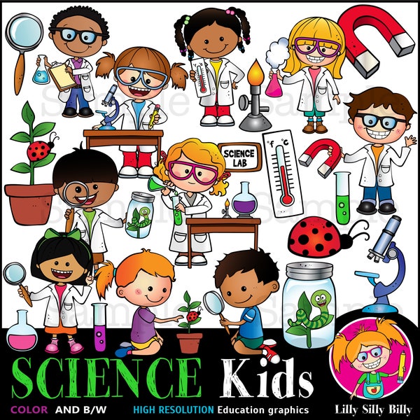 Science Kids, Clipart von Kindern, die Wissenschaft lernen, niedliche Cliparts für Lehrerhilfen. Digitale Cliparts lernen.