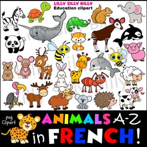 FRENCH Animals A-Z, Clipart. Black & white and full color graphics. Educational and small commercial use.