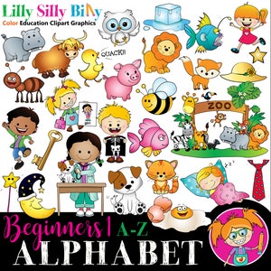 Alphabet Pictures - Phonics, A-Z short words for beginners. Full color clipart for educational and small business use.