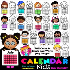 Calendar kids. Clipart, Black and White & COLOR, small commercial and educational use.