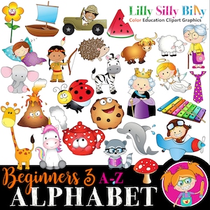 Alphabet Pictures - Phonics, A-Z words for beginners. One to Four Syllables. Full color clipart for educational and small business use.