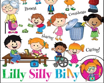 Children's values, Education clipart cute children practicing kindness, consideration, honesty, helping with disabilites, sharing.