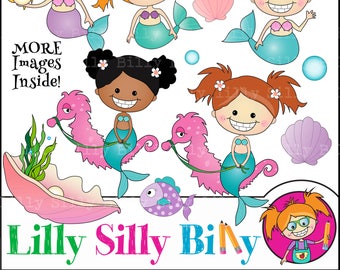 Puede incluir: Conjunto de seis ilustraciones de sirenas en clipart. Las sirenas sonríen todas y tienen diferentes colores de cabello y tonos de piel. El conjunto incluye una concha rosa, un pez morado y dos caballitos de mar rosas.