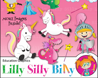 Puede incluir: Un conjunto de imágenes de dibujos animados coloridos que representan a un caballero, una princesa, un unicornio, un dragón, un rey y un arcoíris. Las imágenes están sobre un fondo rosa con el texto "Lilly Silly Bily" y "Education Graphics".