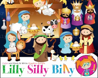 Nativity clipart, 45 Images: Christmas clipart in BLACK and WHITE and full color. Wise men, Mary & Joseph, angel and baby Jesus.
