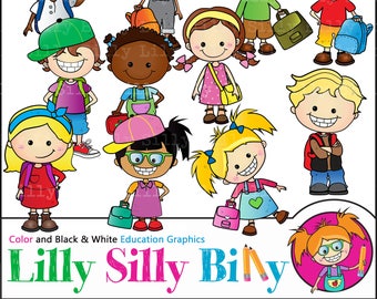 Backpacks and Satchels. Kids with school bags. Education graphics of children of diverse nationalities. Small commercial use clipart.