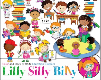 School dag, Clipart bundel, kinderen leren, spelling, lezen, wetenschap, sport, wiskunde, schrijven, vragen vragen. Onderwijs graphics.