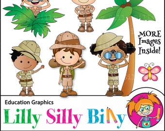 SAFARI, hiking and exploring Clip art, characters in safari suits clothing, rain forest and tropical butterflies, commercial use graphics.
