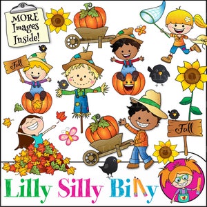Scarecrow in Fall - BLACK AND WHITE plus color clipart set. Pumpkin and sunflowers, butterflies and autumn leaves. Commercial use graphics.