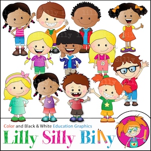 Awesome Kids - kinderen van diverse ras, tekens, persoonlijkheden, Clipart bundel, zwart / wit en kleur graphics. Klein zakelijk gebruik.