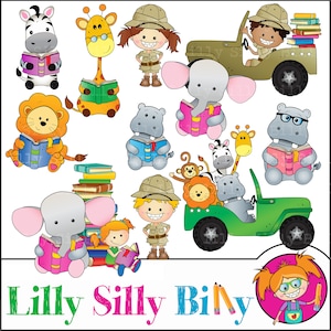 African Safari Learning, Clipart cute African animals and children, animals reading and learning. Graphics for small commercial use.