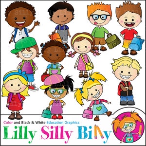 Sacs à dos et cartables. Enfants avec des sacs d’école. Graphiques de l’éducation des enfants de diverses nationalités. Clipart petit usage commercial.