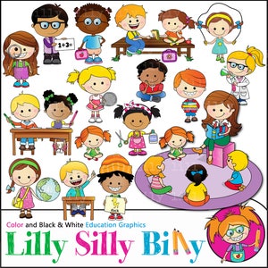 School Agenda Clipart beeltenis van kinderen leren, geografie, spelling, lezing, wetenschap, sport, wiskunde, schrijven. Onderwijs graphics.