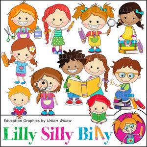 Reading and learning clipart, cute kids clipart for school or education, digital clipart reading, homework, study.