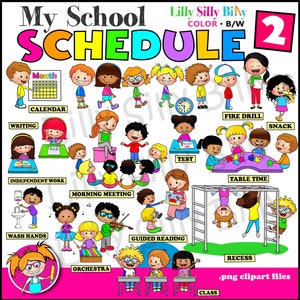 Meu horário escolar 2. Clipart educacional em PRETO, BRANCO e COR de crianças envolvidas em atividades escolares diárias.