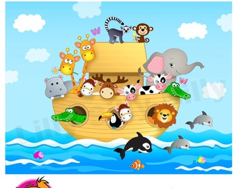 Könnte beinhalten: Eine bunte Cartoon-Illustration von Noahs Arche mit verschiedenen Tieren an Bord, darunter eine Giraffe, ein Flusspferd, eine Kuh, ein Löwe, ein Affe, ein Lemur, ein Tukan, ein Delfin und ein Schwertwal. Die Arche schwimmt auf blauem Wasser mit weißen Wolken am Himmel. Der Text "Noah's Ark Clipart Kit" befindet sich unter der Arche.