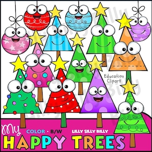 Happy Trees - Süße kleine Bäume in voller Farbe PLUS schwarz-weiß Stempel zum Ausmalen. Kleine kommerzielle und pädagogische Nutzungsgrafiken.