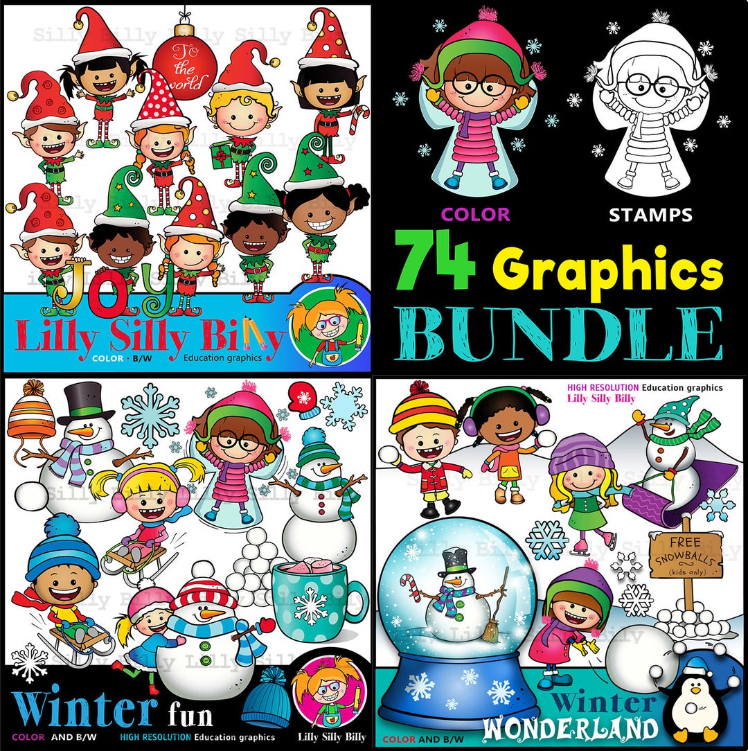 Winter Wonderland VALUE BUNDLE- Imágenes prediseñadas en blanco y negro / y  a todo color, invierno, juegos de nieve y elfos descarados. - Etsy México, image size:1080x1084
