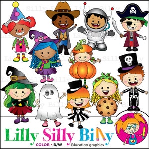 May include: A set of ten colorful illustrations of children dressed in various Halloween costumes. The costumes include a clown, witch, astronaut, pirate, pumpkin, ghost, skeleton, cookie, and two other characters. The illustrations are in a cartoon style and are perfect for use in educational materials or for creating Halloween-themed crafts.