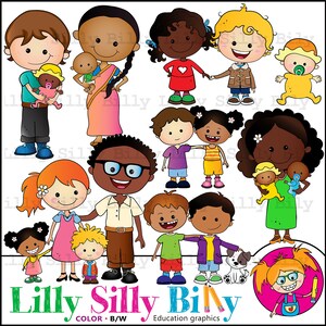 May include: A collection of cartoon illustrations featuring diverse children and adults. The characters are depicted in various outfits and poses, some holding babies. The image includes the text "Lilly Silly Billy" and "Education graphics".