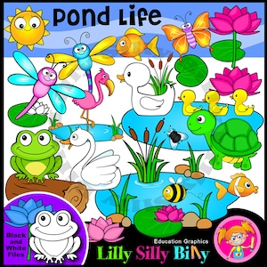 Teich Leben, Clipart. Schwarzweiße und farbige Grafiken. Frosch und Fischteich. Kaulquappen und Libellen. Kleingewerblicher Gebrauch.
