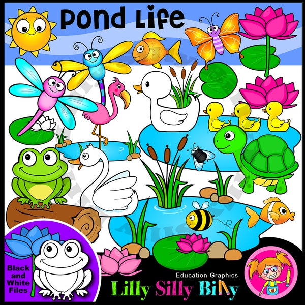 Pond Life, Clipart. Black & white and full color graphics. Frog and fish pond. Tadpoles and Dragonflies. Small commercial use.