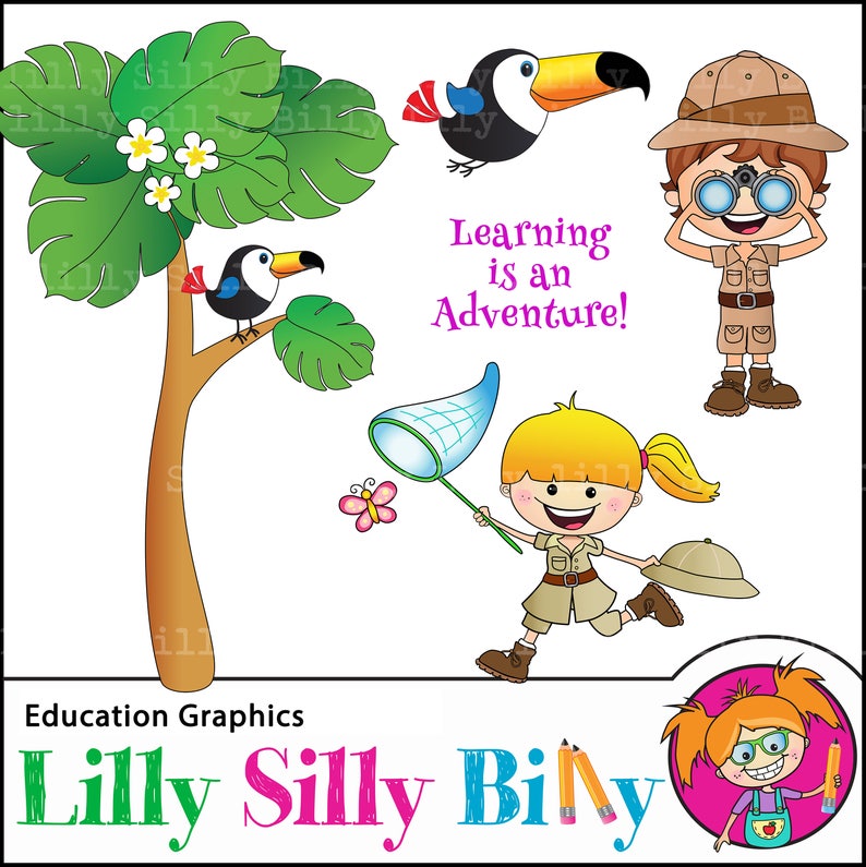 SAFARI Rain forest Adventure Clip art, cute characters in safari or ranger wear, rain forest tree and toucan, commercial use graphics. image 2