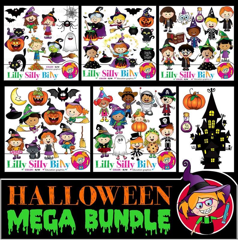 May include: A Halloween mega bundle clipart set featuring colorful illustrations of witches, ghosts, pumpkins, bats, and other Halloween characters. The set includes both color and black and white versions of the images.