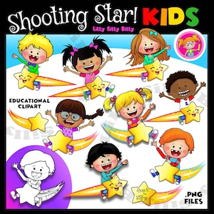 Vallende ster kinderen clipart | Positieve afbeeldingen belonen | Kinderen op vallende sterren l Grafische afbeeldingen voor commercieel en educatief gebruik.