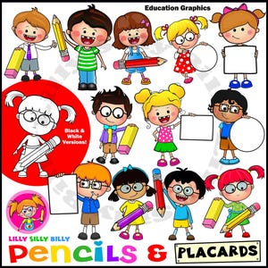 Potloden en plakkaten. Clipart kinderen in kleur en zwart/wit. Klein commercieel en educatief gebruik.