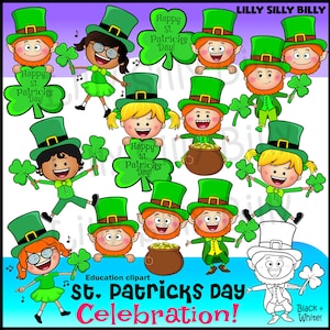 St. Patrick&#39;s Day Clipart. BLACK and WHITE and color. Education graphics of children and leprechauns celebrating St. Patrick&#39;s Day.