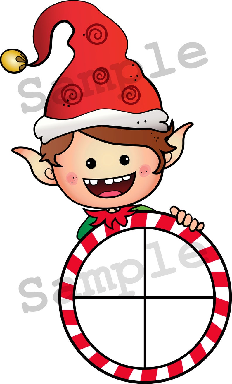 Puede incluir: Un duende de dibujos animados con un gorro rojo y una camisa verde sostiene un c&iacute;rculo de bast&oacute;n de caramelo dividido en cuatro secciones. El c&iacute;rculo es blanco con rayas rojas y blancas.