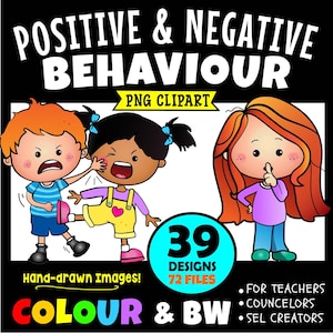 Imágenes prediseñadas de comportamiento positivo y negativo, buenas y malas decisiones, recursos para el aula de aprendizaje socioemocional.