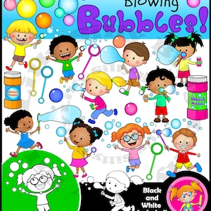 Bellenblazen: superlieve kinderen die met bellen spelen. ZWART-WIT/ en full colour clipart.