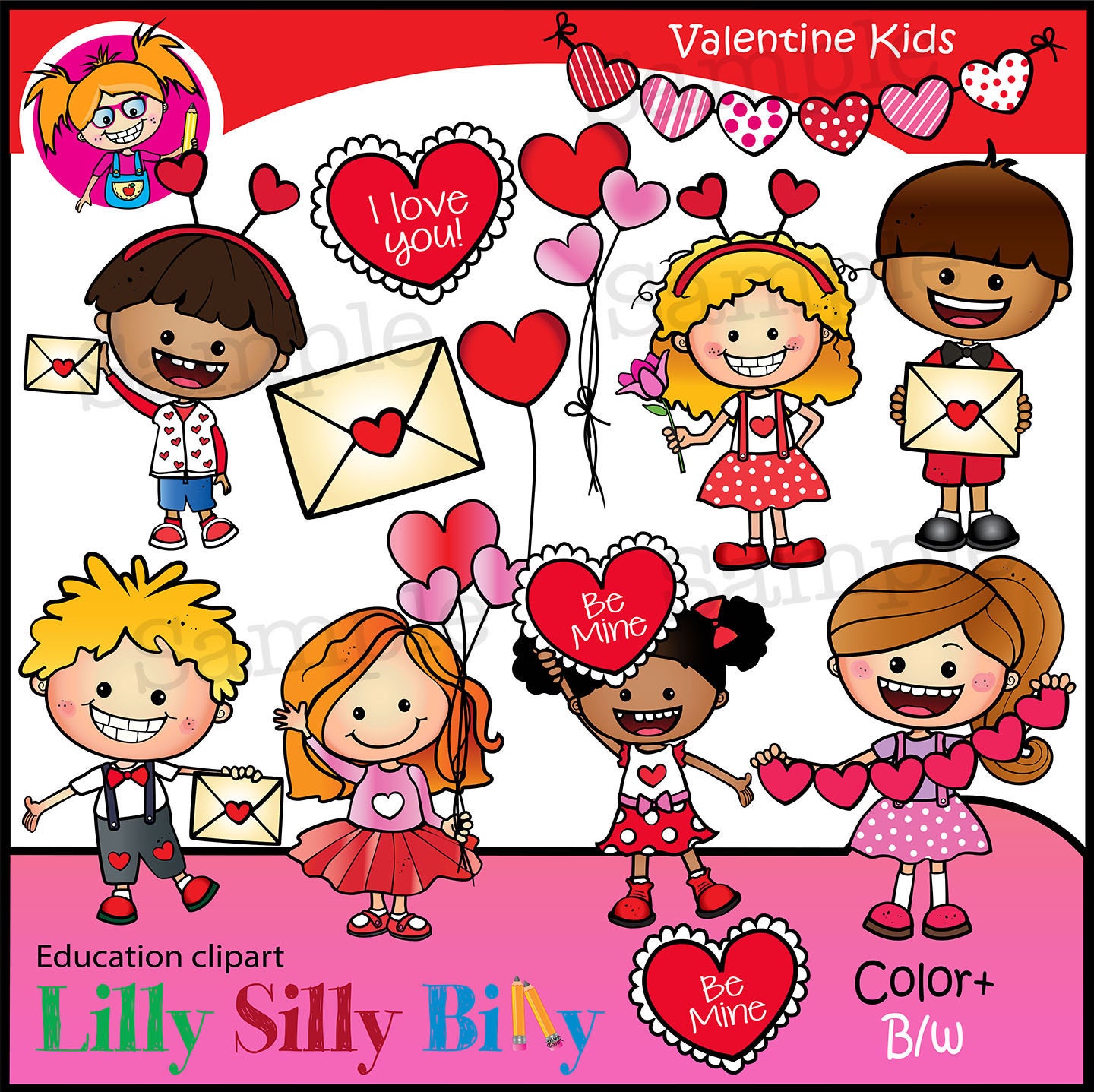 Valentine Kids. Clipart. BLACK and WHITE and Color. Education Graphics