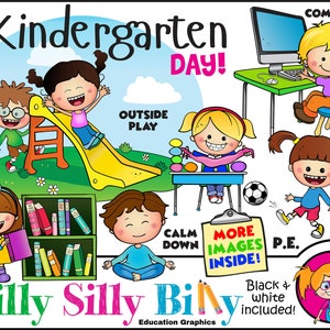 Kindergarten Day - BLACK and WHITE/ and full color clipart. Educational and small business use.