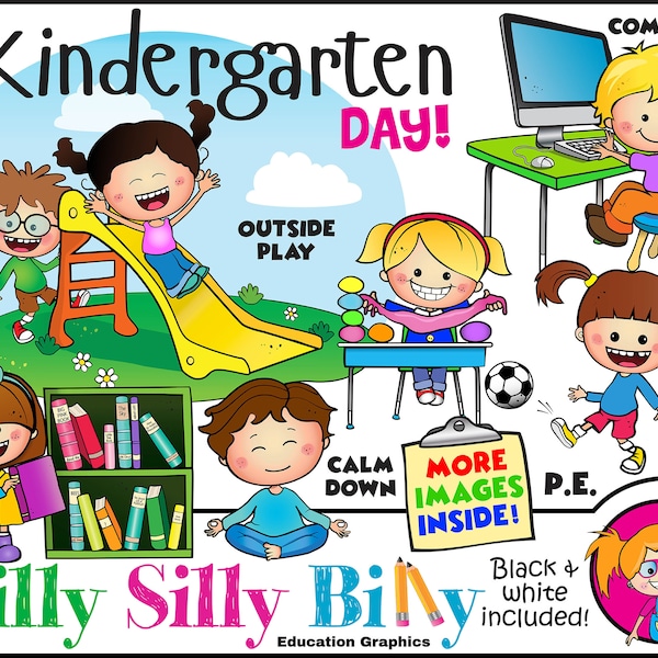 Kindergarten Day - BLACK and WHITE/ and full color clipart. Educational and small business use.
