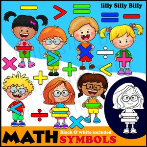 Math Symbol Kids - BLACK and WHITE/ and full color clipart. Educational and small business use (Terms of Use Apply).