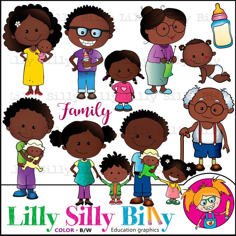May include: A colorful illustration of a family with various members, including parents, children, and grandparents. The characters are depicted in a cartoon style, with the word "Family" in the center. The image also includes the text "Lilly Silly Billy".