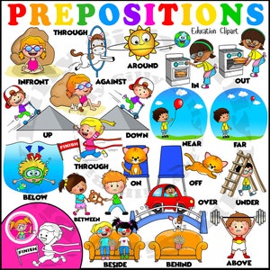 Puede incluir: Ilustración colorida de varias preposiciones con personajes de dibujos animados y objetos. Las palabras "Preposiciones", "Education Clipart", "Finish" y "Through" están incluidas en la imagen.