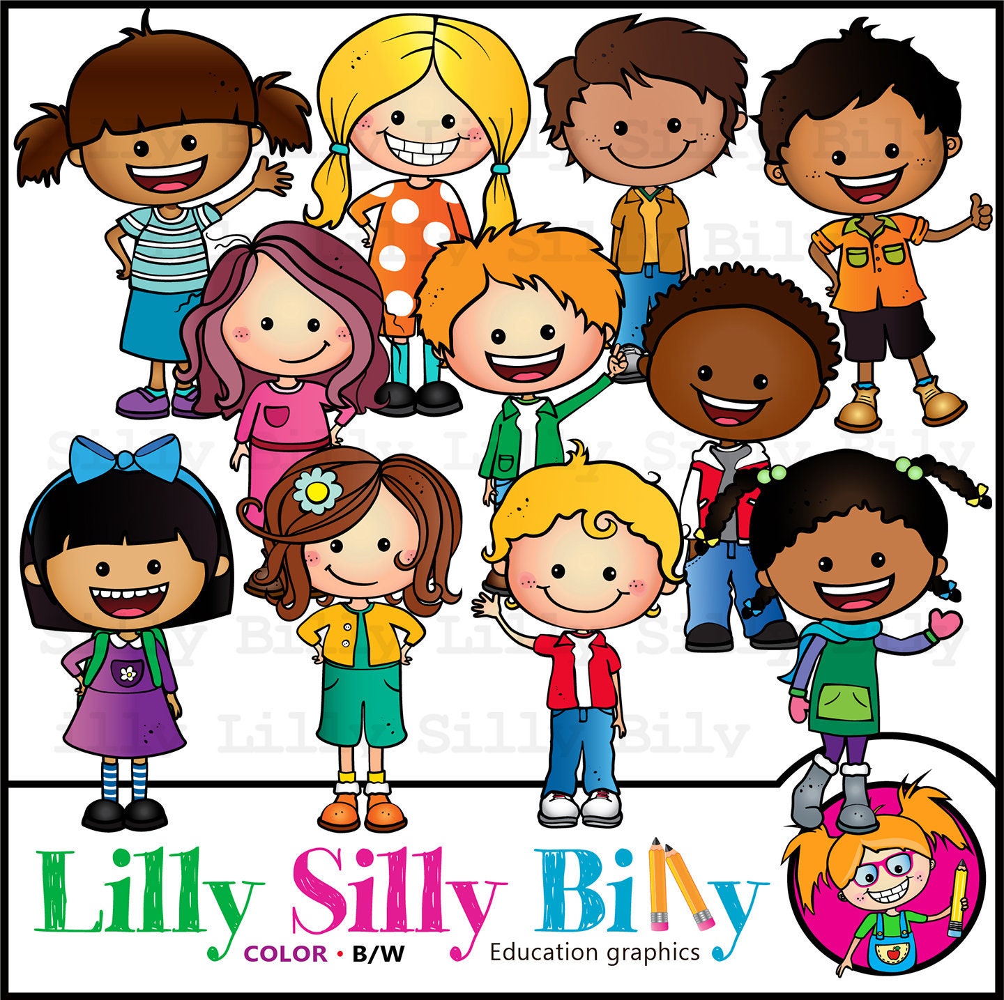 Clever BIG Kids Clipart. BLACK and WHITE and Color. Education Graphics