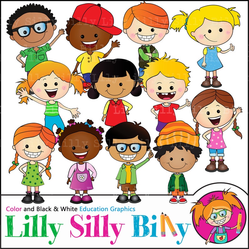 Happy Kids Clipart. BLACK and WHITE and COLOR. Education | Etsy