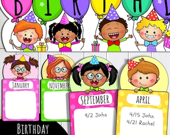 May include: A vibrant birthday display with cartoon children holding balloons that spell "BIRTHDAY". Below are months with space for names and dates. The text "BIRTHDAY Display" is at the bottom. Ideal for classroom or home use.