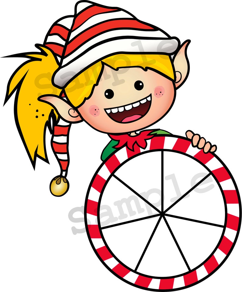 Puede incluir: Un elfo de Navidad con cabello rubio y un gorro a rayas rojo y blanco asoma por detr&aacute;s de una rueda con rayas de caramelo con ocho secciones en blanco.