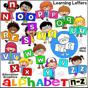 Alfabeto: aprendizaje de las letras (letras N a Z). Imágenes prediseñadas. Uso comercial, uso personal y en proyectos educativos.