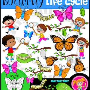 Vlinder levenscyclus clipart set. Clipart in kleur en zwart/wit. Klein commercieel en educatief gebruik.