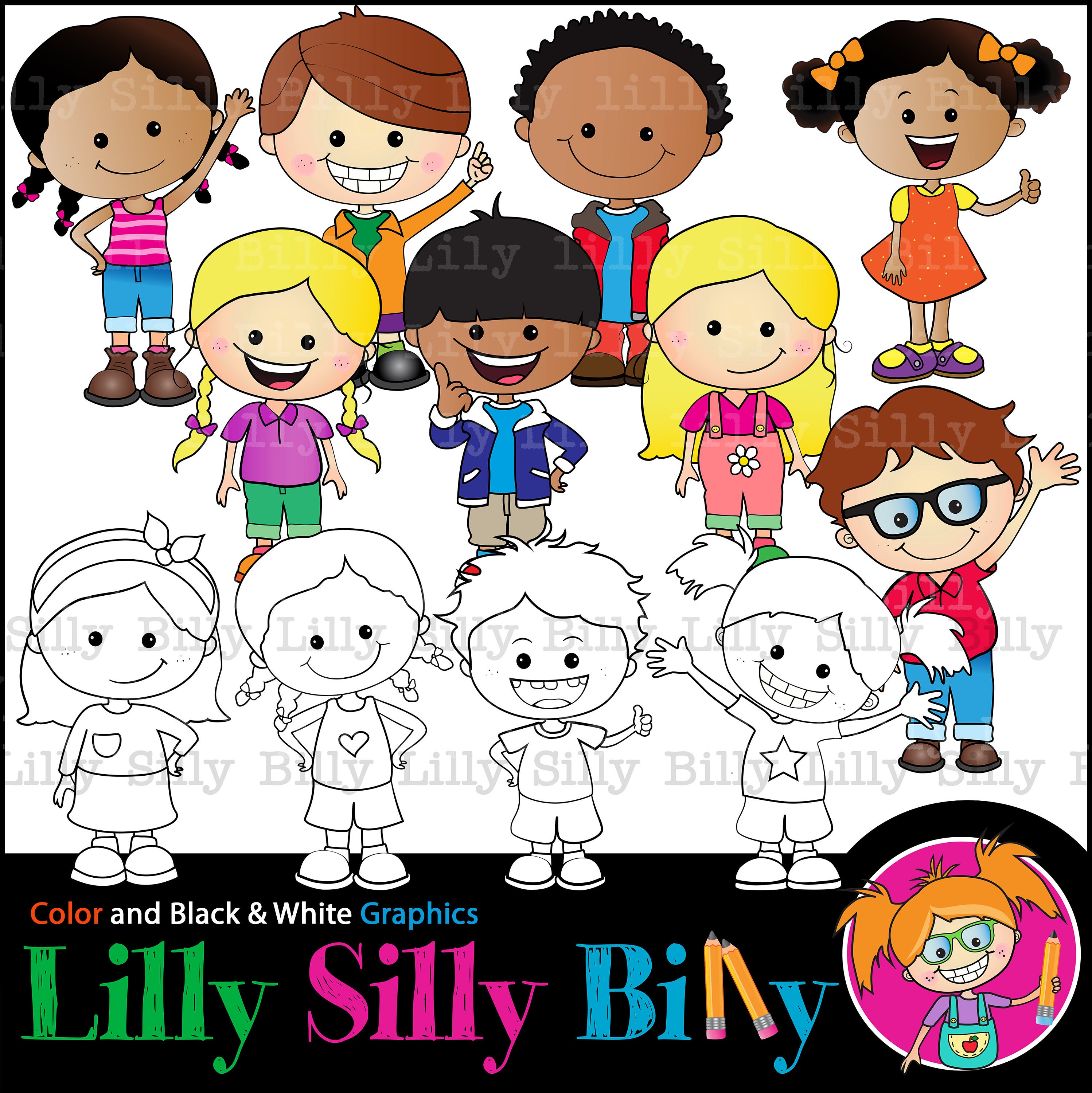 Awesome Kids - Clipart Bundle, BLACK \u0026 WHITE and Color Graphics, Children  of Diverse Race, Characters, Personalities. Small Business Use. - Etsy  Israel, image size:2996x3000