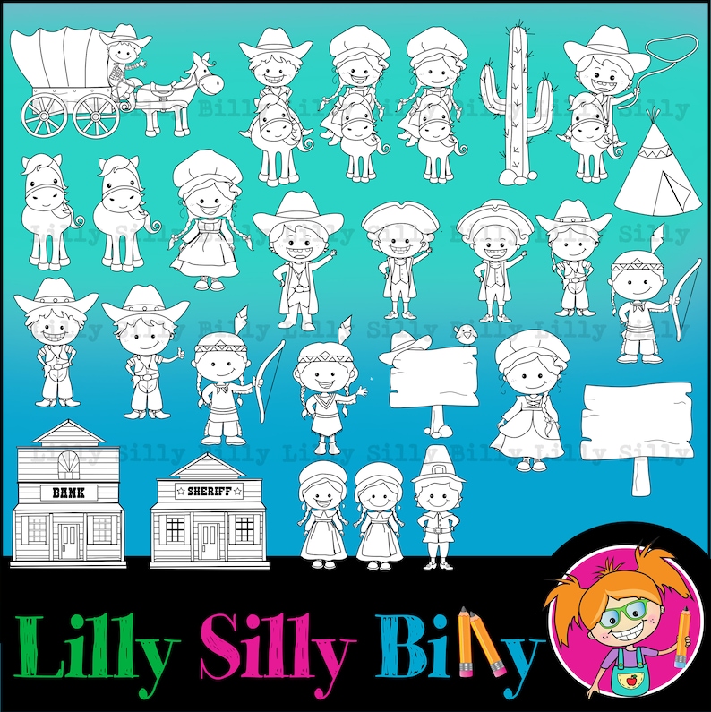Colonial Kids Clipart Mega Bundle BLACK AND WHITE and Color - Etsy
